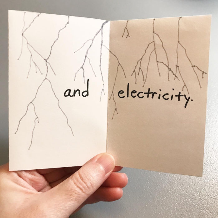 Two-page spread with the words "and electricity." Gray lightning bolts are drawn from the top of the page, pointing down.