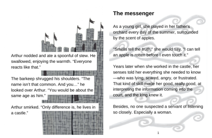 A screenshot from Canva that shows two pages in layout. On the left is the castle illustration with text over it. On the right is gray swirls with text over them.