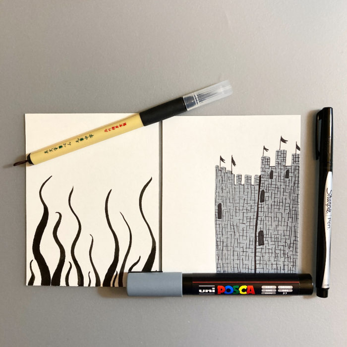 Two illustrations for the zine. On the left are black shadowy swirls that reach up from the bottom of the page. On the right is a castle drawn in gray with black line work.