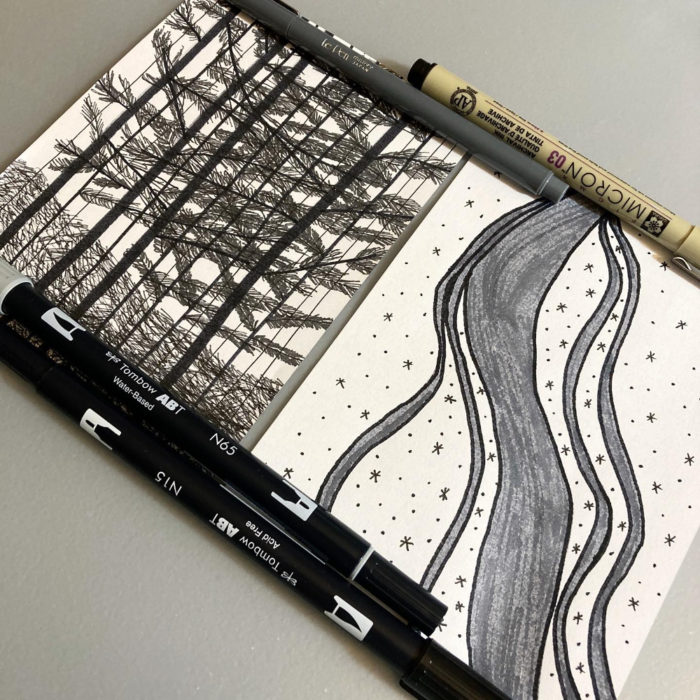 Two illustrations for the zine. On the left is several trees and branches drawn in black. On the right is gray swirls and black asterisks to symbolize magic.