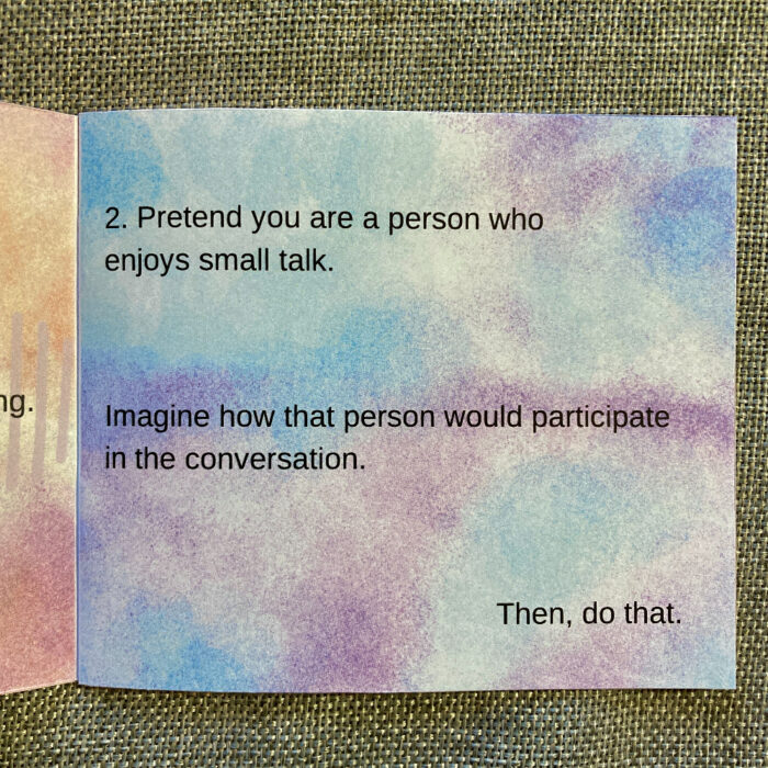 An interior page of "How to Deal with Small Talk." The background of the page is blended blues and purple. The text is in black and says "2. Pretend you are a person who enjoys small talk. Imagine how that person would participate in the conversation. Then, do that."