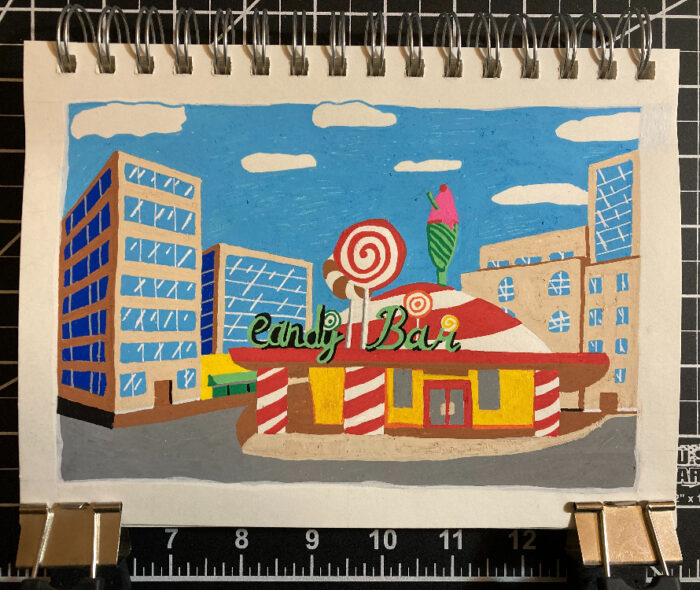 An illustration of The Candy Bar from Jimmy Neutron. The Candy Bar is positioned to the right of the center of the page. Behind The Candy Bar are buildings on the left and right sides.