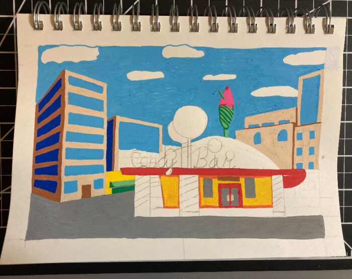 Progress on the illustration of The Candy Bar from Jimmy Neutron. The sky, buildings, and street are colored in. What needs to be done includes window panes on the buildings, details on The Candy Bar building, and details in the street (like lane lines and shadows).