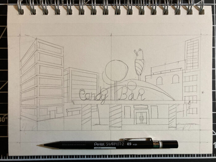A pencil sketch of The Candy Bar from Jimmy Neutron. The Candy Bar is positioned to the right of the page's center. Behind the Candy Bar are buildings on the right and left.