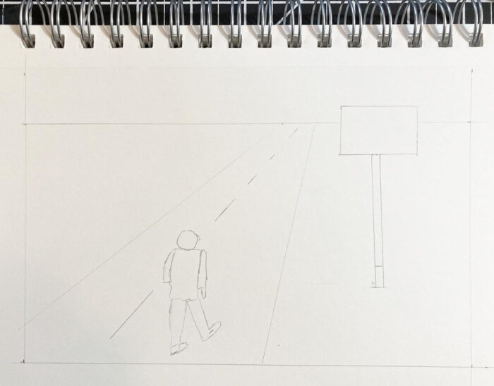Simple pencil sketch of a man walking on a road.