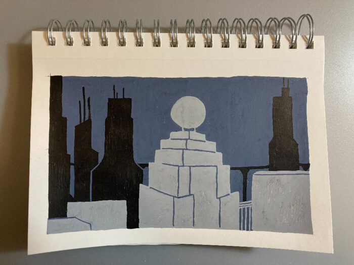 Paint progress on the Metropolis illustration. This image shows the block colors: slate gray for the sky; black and light gray for the buildings.