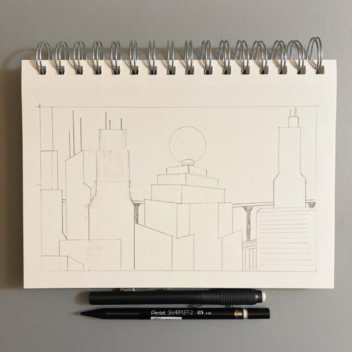Pencil sketch of Metropolis skyline