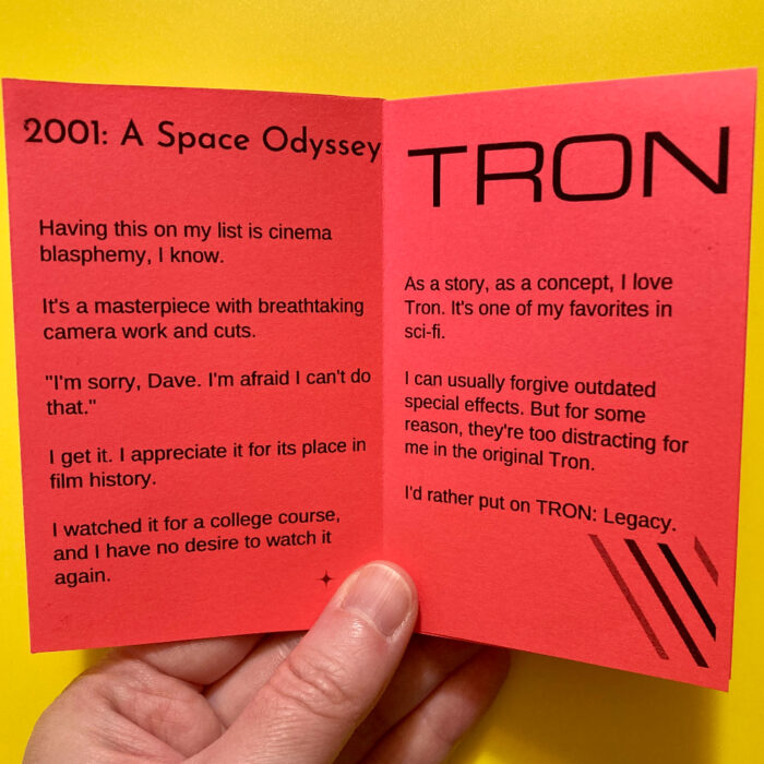Pages 5 and 6 of "Movies I never want to see again." The left page is about 2001: A Space Odyssey, and the right page is about Tron.