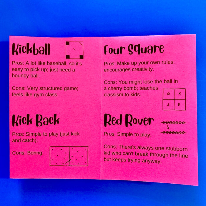 The first two pages of "Playground games in the 1990s", on a blue background