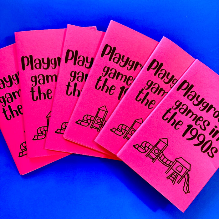 Six copies of "Playground games in the 1990s," fanned out on a blue background.