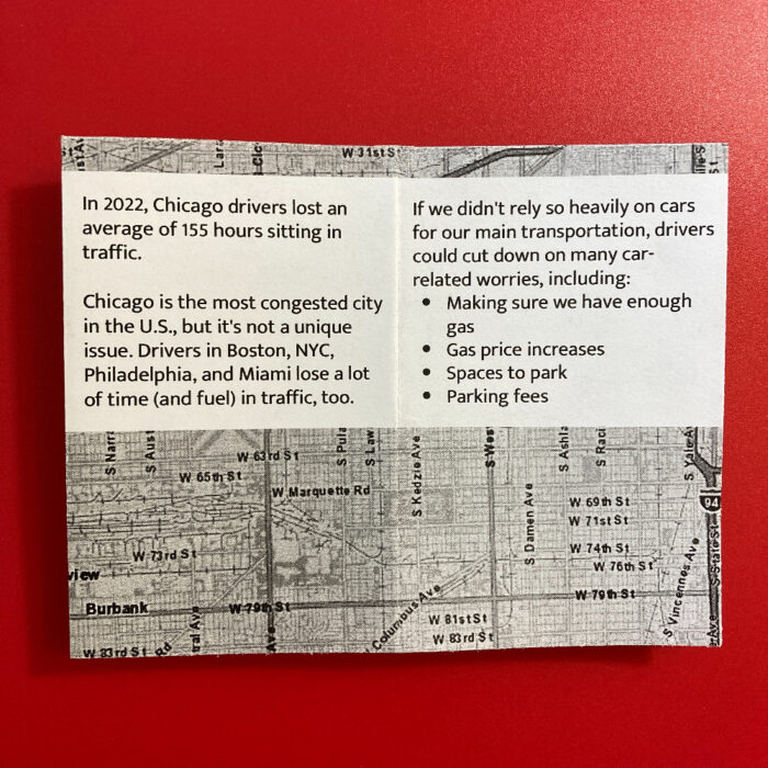 Pages 1 and 2 of a mini zine called "Things we wouldn't have to worry about if we didn't depend on cars." The text is printed in black on a white background. Above and below the text, there's a black and white map of Chicago streets.