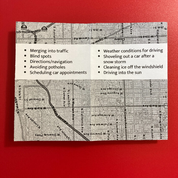 Pages 3 and 4 of a mini zine called "Things we wouldn't have to worry about if we didn't depend on cars." The text is printed in black on a white background. Above and below the text, there's a black and white map of Chicago streets.