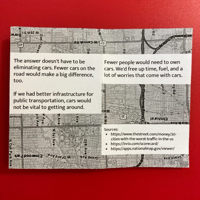 Pages 5 and 6 of a mini zine called "Things we wouldn't have to worry about if we didn't depend on cars." The text is printed in black on a white background. Above and below the text, there's a black and white map of Chicago streets.