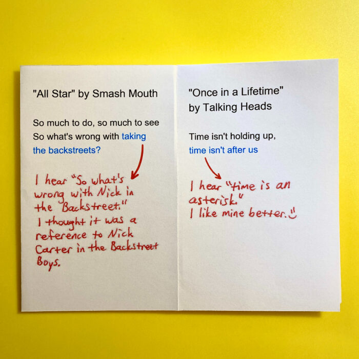Pages 1 and 2 in "Song lyrics I mishear"