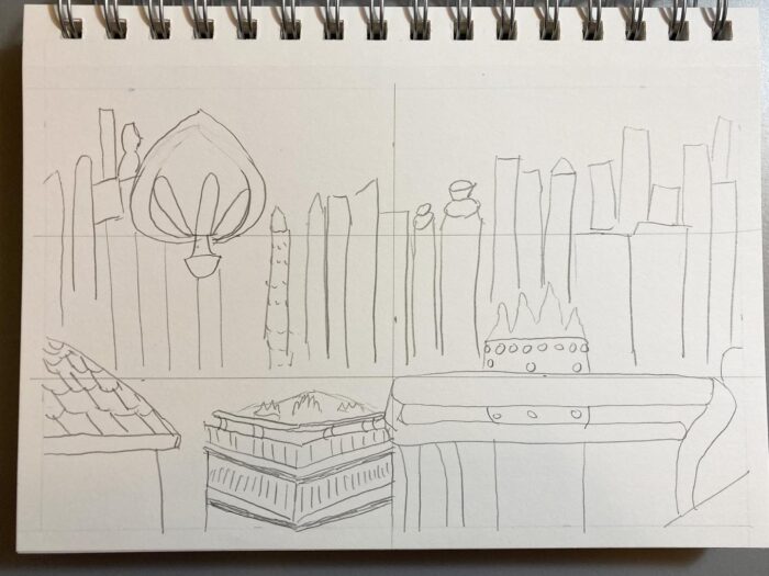 A rough pencil sketch of a hot air balloon floating over a city.