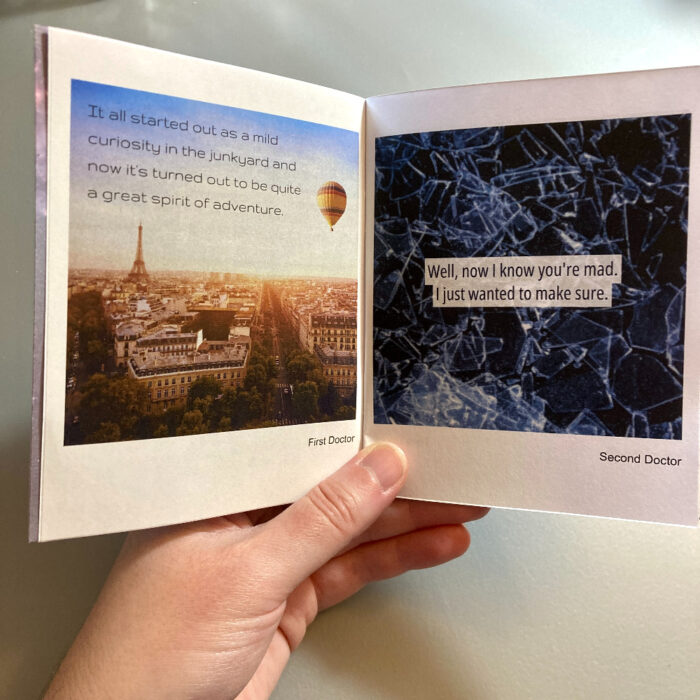 A hand holds "Hipster Doctor Who" with pages 1 and 2 open. Page 1 on the left is a vintage photo of a hot air balloon floating over Paris. Page 2 on the right is a photo of broken glass.