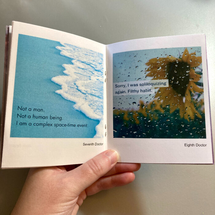 A hand holds the zine "Hipster Doctor Who," with pages 7 and 8 open. Page 7 on the left has a photo of a wave washing across sand. Page 8 on the right has a photo of a sunflower with rain droplets across the photo.