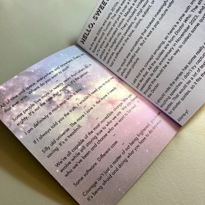 The inside cover of the zine "Hipster Doctor Who." The page includes a series of quotes by the Doctor over a semi-transparent galaxy image.