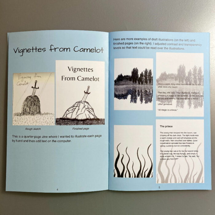 Pages 4 and 5 of the zine "Work in Progress." The left page shows the sketch and finished cover page of a zine titled "Vignettes from Camelot." The right page shows 2 sets of sketches and finished pages from "Vignettes from Camelot."