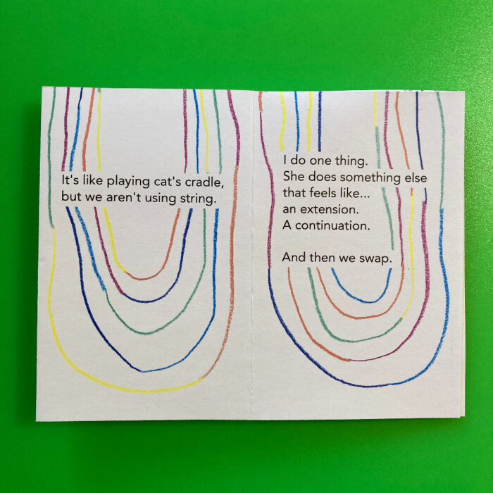 Pages 1 and 2 of the zine "Cat's Cradle: A tiny story." Behind the text, there are multicolored curved lines drawn with colored pencils.