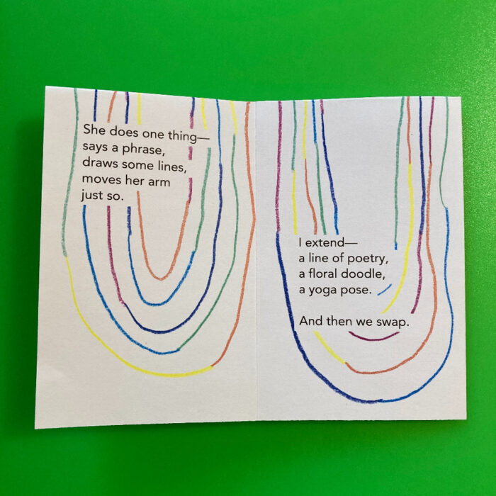 Pages 3 and 4 of the zine "Cat's Cradle: A tiny story." Behind the text, there are multicolored curved lines drawn with colored pencils.