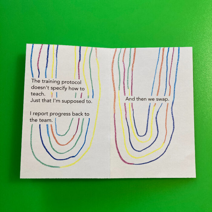 Pages 5 and 6 of the zine "Cat's Cradle: A tiny story." Behind the text, there are multicolored curved lines drawn with colored pencils.