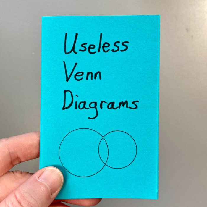 A hand holds the mini zine "Useless Venn Diagrams"